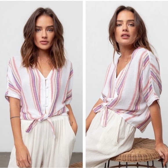Rails Thea Jewel Stripe Tie Front Linen Blend Top Size XS - Picture 1 of 4